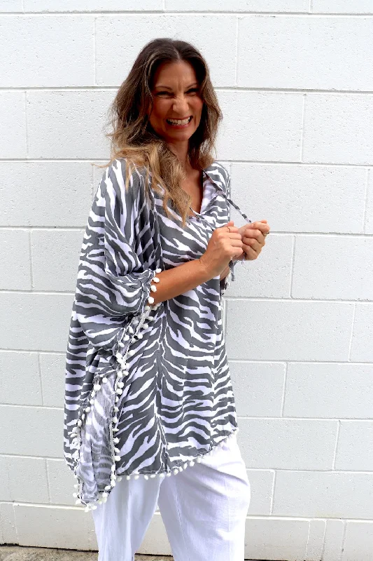 Flash Sale Fever Short Pom Pom Kaftan in Zebra Grey