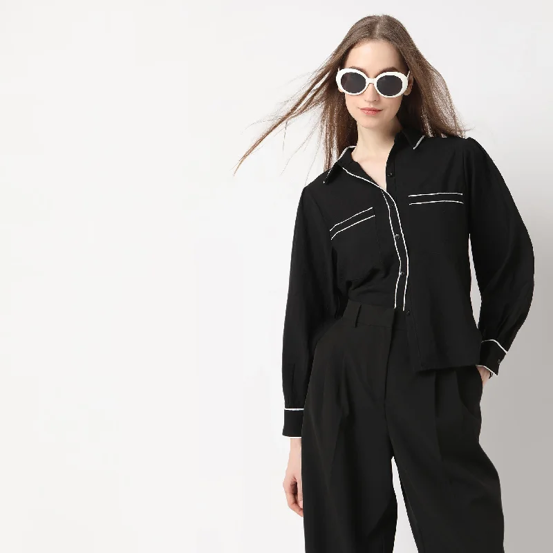 Casual Chic Hip Length Button-Down Shirt with Contrast Piping