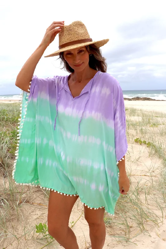 Cozy Comfort Style Sale Short Pom Pom Kaftan in Fairy Floss Lime Lavender