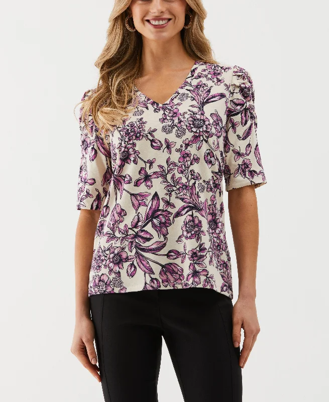 Chic Styles Floral Print Puff Elbow Sleeve Top