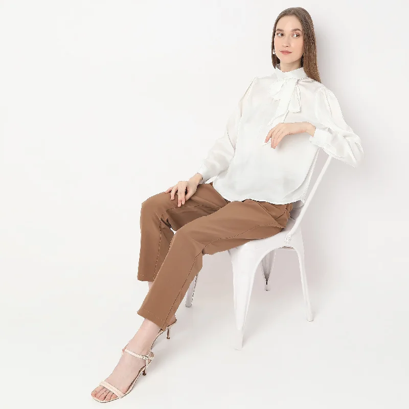 Enjoy Discount Solid Pussy Bow High Neck Full Sleeve Top