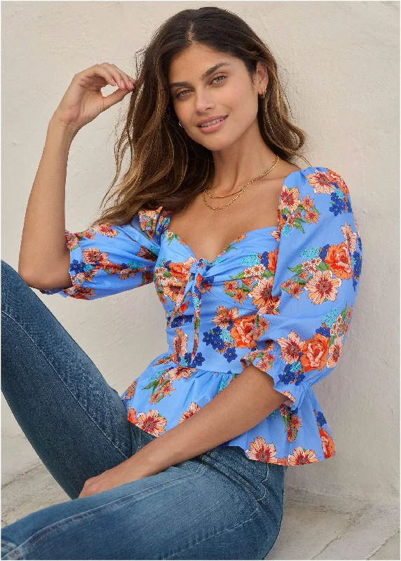 Unleash Your Trendy Side Peplum Sweetheart Top - Voyage Bouquet Border Floral