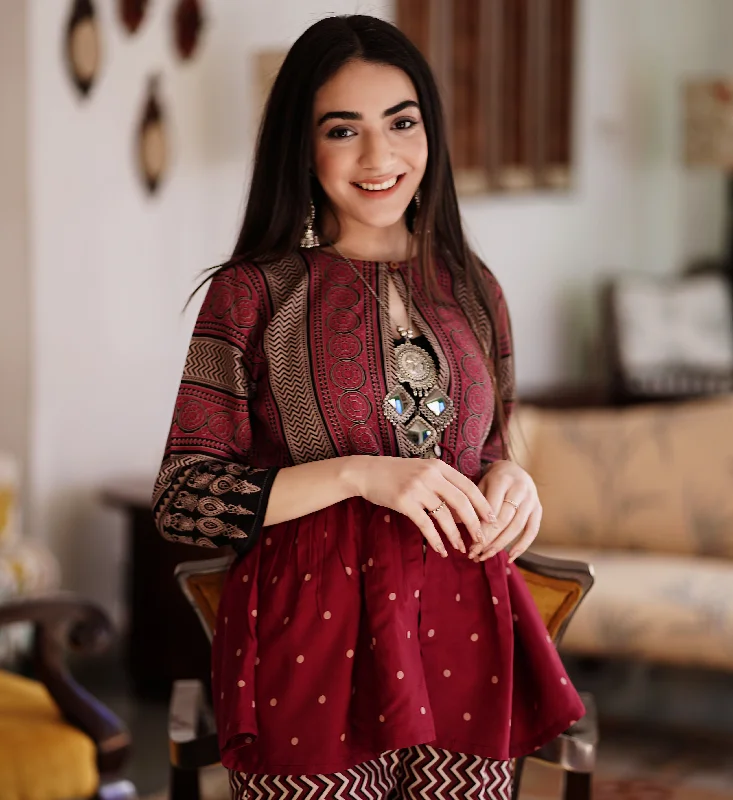 Evening Elegance Maroon & Black Ajrakh Inspired Front Open Gathered Shrug