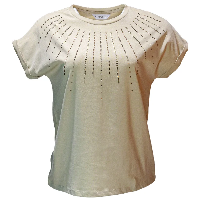 Shop Sale Items Beige Rolled Sleeves With Embellishement T Shirt