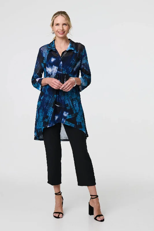 Budget Friendly Abstract Sheer Curve Hem Longline Shirt
