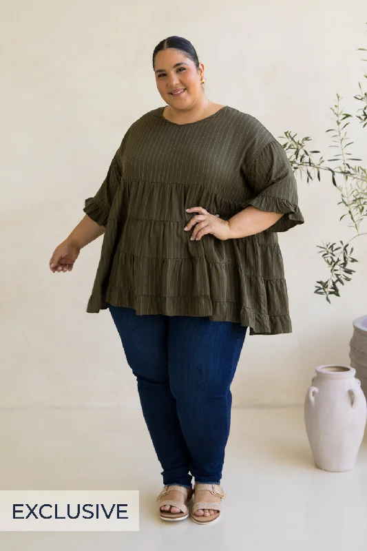 Style Breakthroughs Sofia Top | Moss Green Pinstripe