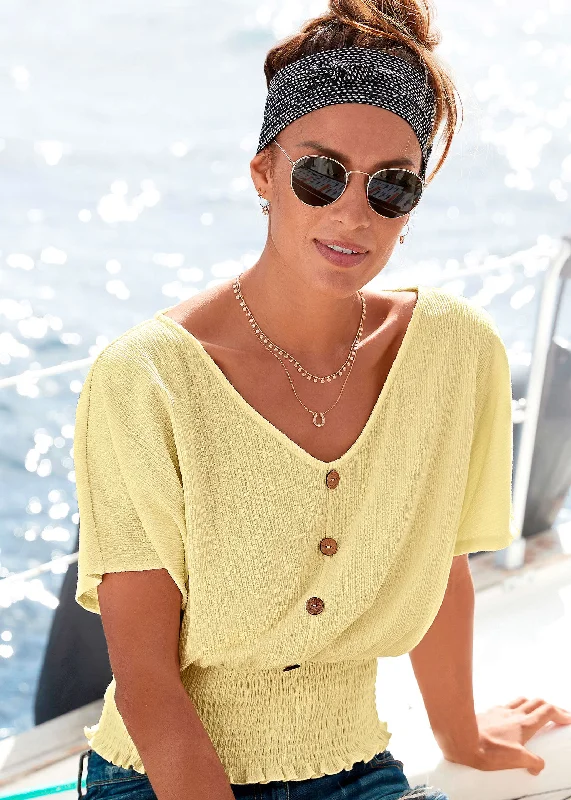 Get The Latest Trends Button Front Smocked Top - Yellow