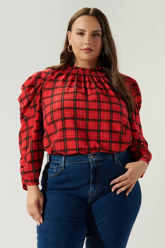 Hot Sale Woodland Red Plaid Drape Sleeve Top Curve