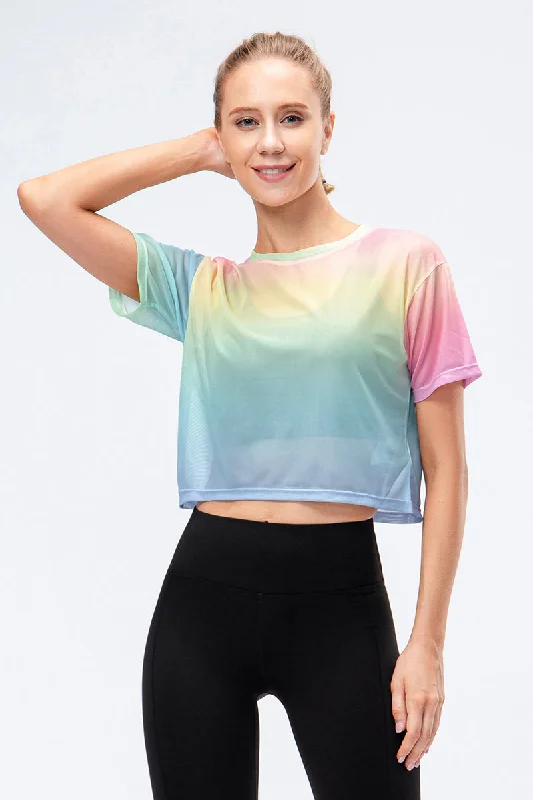 Women's Casual Wear Clothes Crew Neck Cropped Short Sleeve T-Shirt Sheer