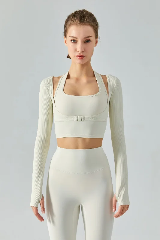 Women's Tops And Clothing Ribbed Buckle Long Sleeve Halter 2 Piece Crop Top