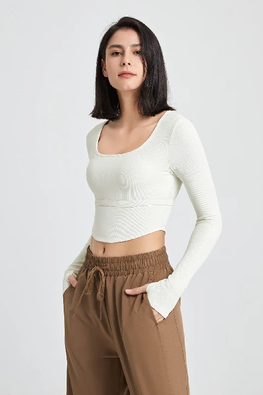 Women's Clothes For Special Occasions Ribbed Long Sleeve Crop Shirts with Built In Bra Women's Clothes For Special Occasions Ribbed Long Sleeve Crop Shirts with Built In Bra