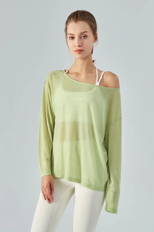 Modern Women's Clothes Sheer Mesh Boatneck Long Sleeve Tops