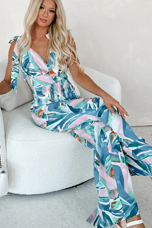 Evening Looks Beautiful Horizon Printed Tie-Strap Wide Leg Jumpsuit (Blue Multi)