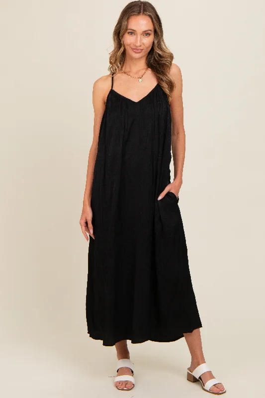 Women's Holiday Clothing Black Crinkle V-Neck Cross Back Midi Dress