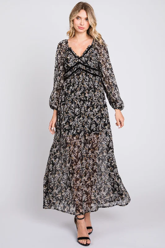 Women's Seasonal Wardrobe Clothing Black Floral Chiffon V-Neck Velvet Trim Maxi Dress Women's Seasonal Wardrobe Clothing Black Floral Chiffon V-Neck Velvet Trim Maxi Dress