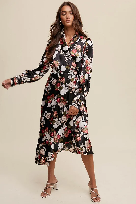 Women's Clothing For Holiday Travel Black Floral Print Long Seeve Satin Wrap Midi Dress