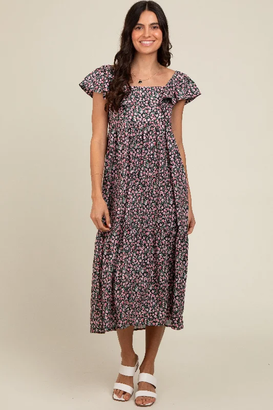 Plus-Size Women's Clothing Black Floral Ruffle Off Shoulder Midi Dress
