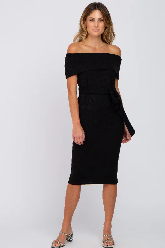 Women's Online Boutique Black Folded Off Shoulder Waist Tie Midi Dress