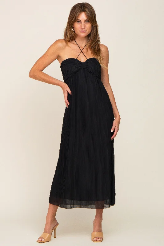 Everyday Basics Black Pleated Cross Front Halter Midi Dress