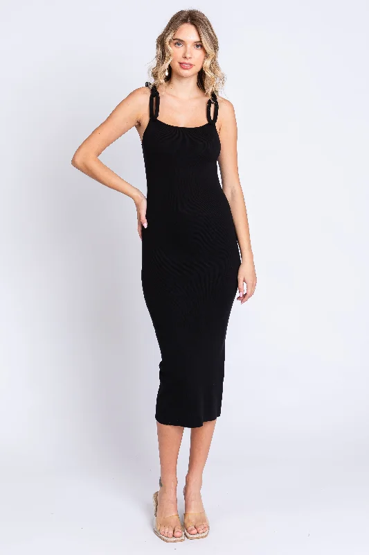 Women's Vacation Clothes Black Ribbed Chain Link Strap Midi Dress