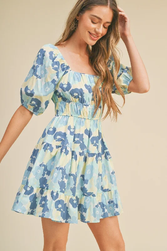 Vibrant Styles Blue Floral Print Tiered Mini Dress