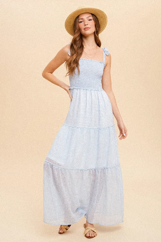 Latest Fashion for Women Blue Tie Shoulder Smock Tiered Check Chiffon Dress