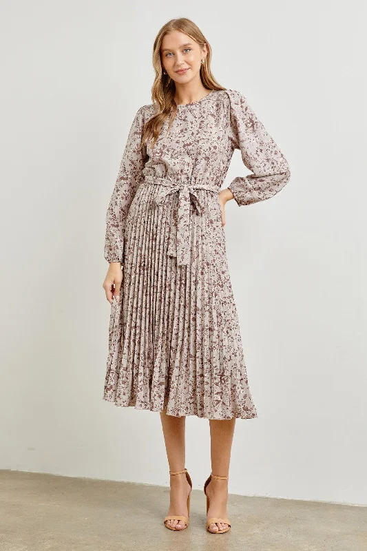 Vintage-Inspired Women's Clothes Brown Multi Woven Pleated Maxi Dress W/ Waist Self Tie Vintage-Inspired Women's Clothes Brown Multi Woven Pleated Maxi Dress W/ Waist Self Tie