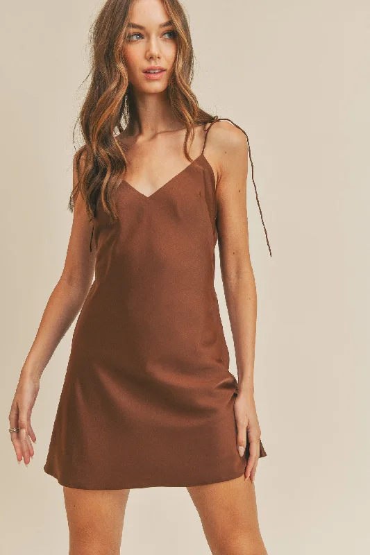 Attire Sale Brown Satin Cami Tie Strap Mini Dress