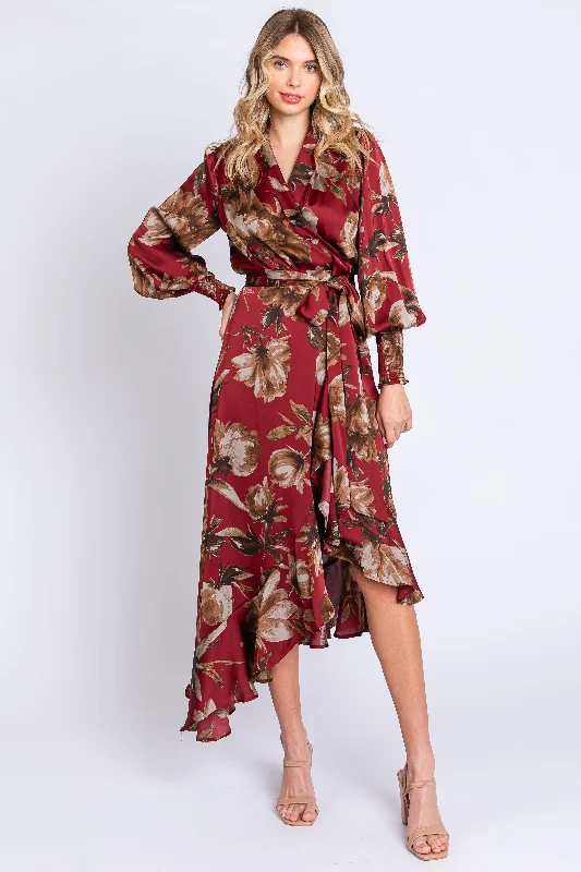 Women's Clothing For Work Burgundy Satin Asymmetrical Flounce Trim Midi Dress