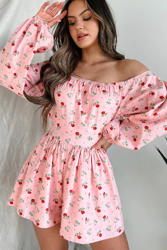 Bold Fashion Captivating Blossoms Off The Shoulder Floral Print Romper (Pink)