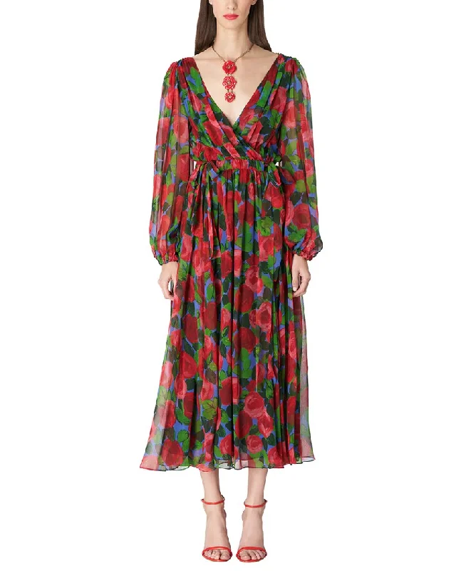 Colorful Clothing Carolina Herrera V-Neck Faux Wrap Silk Midi Dress