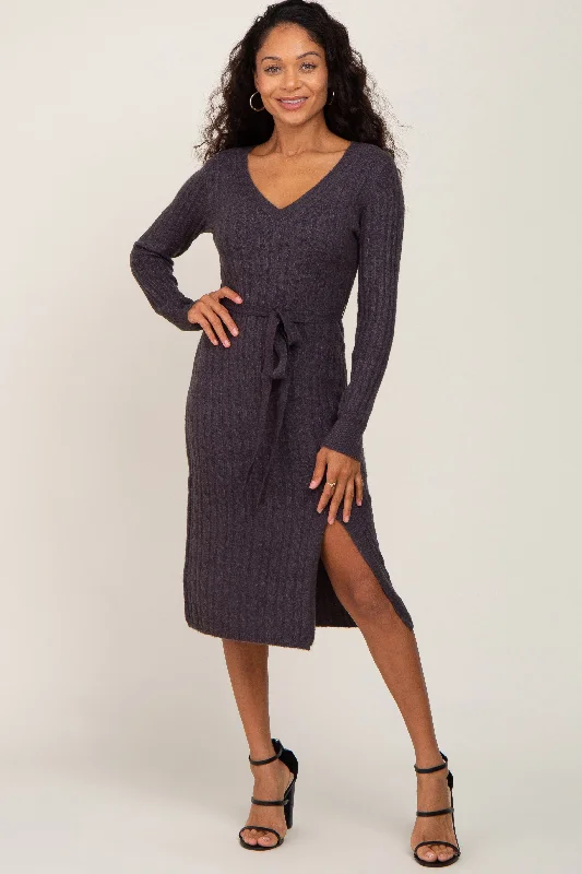 Comfortable Women's Outfits Charcoal Brushed Cable Knit Sweater Dress