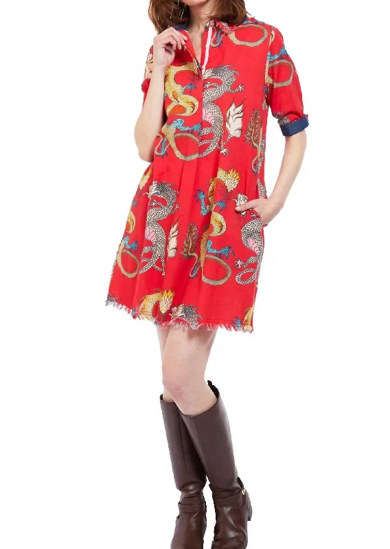 Casual Chic Clothing For Women Chatham Dress In Red Ground Dragon Print