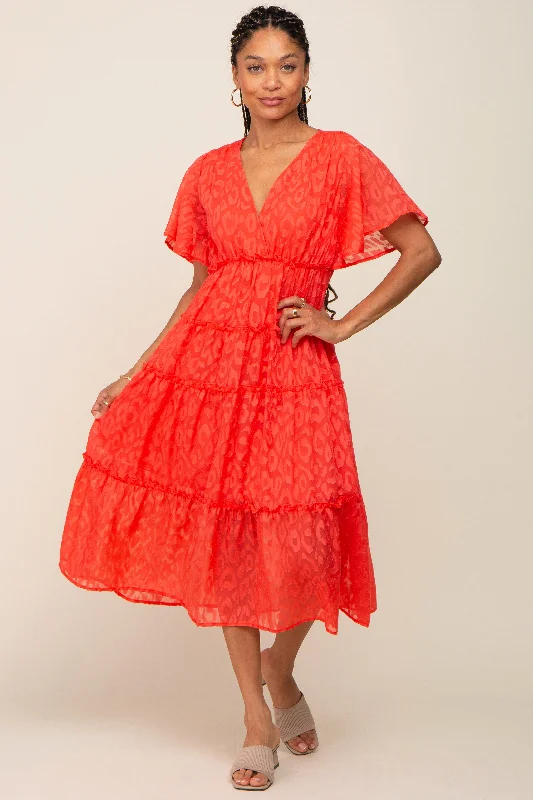 Modern Women's Apparel Coral Chiffon Animal Print Tiered Midi Dress