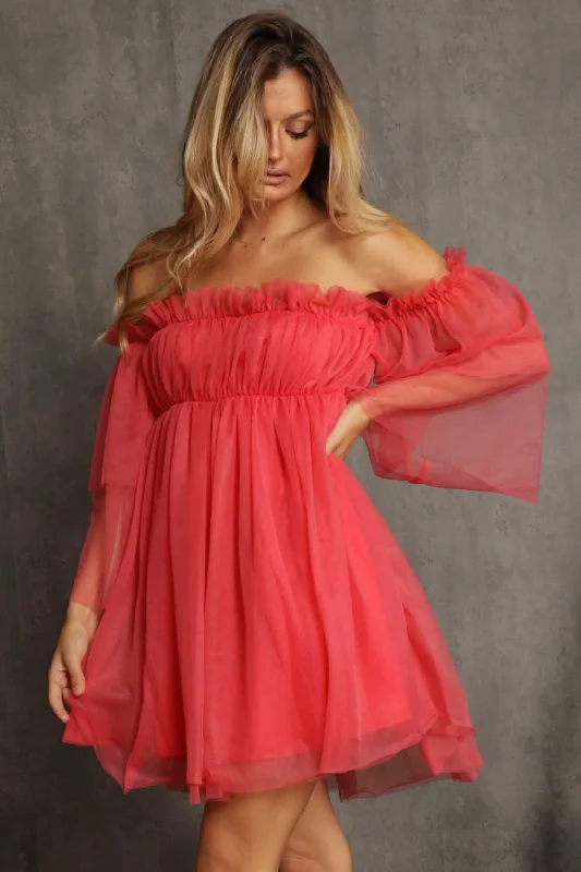 Clothing Woman Coral Off Shoulder Tulle Dress