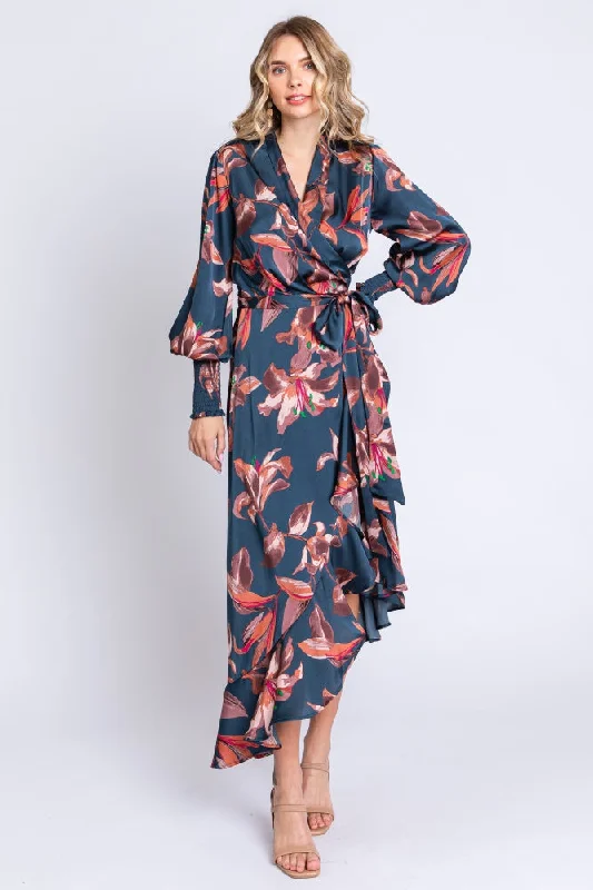 Women's Holiday Clothing Dark Teal Satin Asymmetrical Flounce Trim Midi Dress