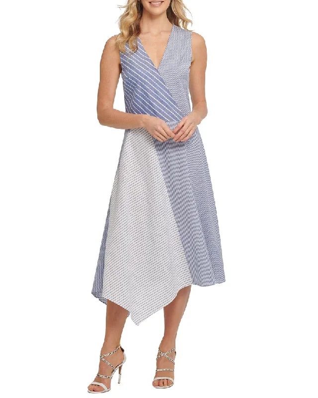 Best Online Women's Boutiques DKNY Stripe Panel V-Neck Linen-Blend Dress