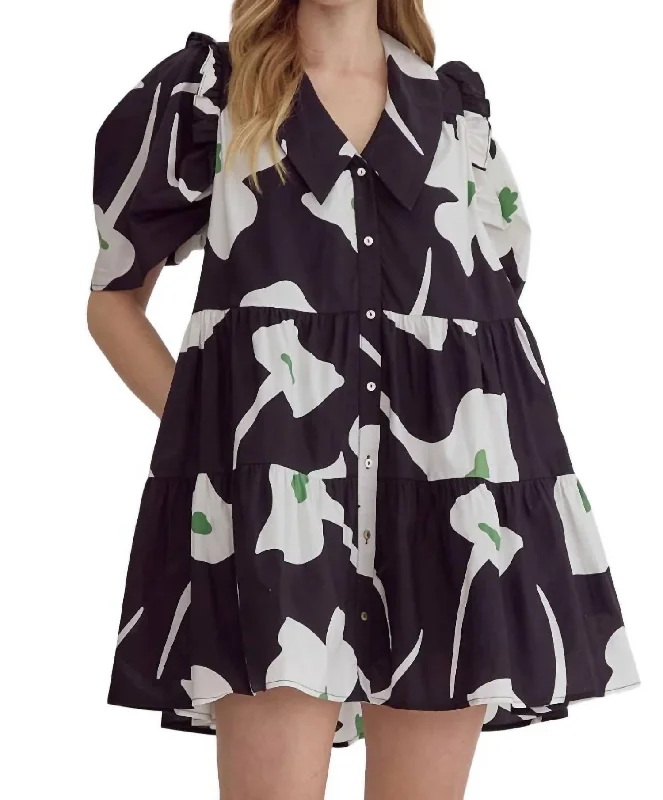 Best Sellers Floral Puff Sleeve Mini Dress In Black