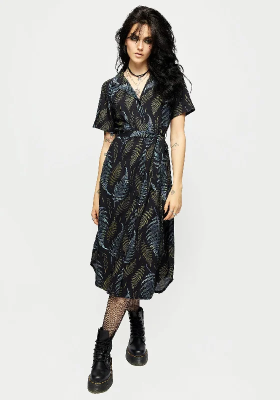 Women's Clothes for All-Day Comfort and Style Frond Print Button Up Midi Shirt Dress