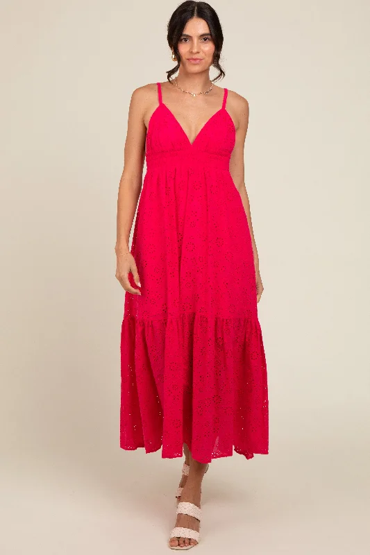 Women's Relaxed Clothes Fuchsia Eyelet Lace Midi Dress