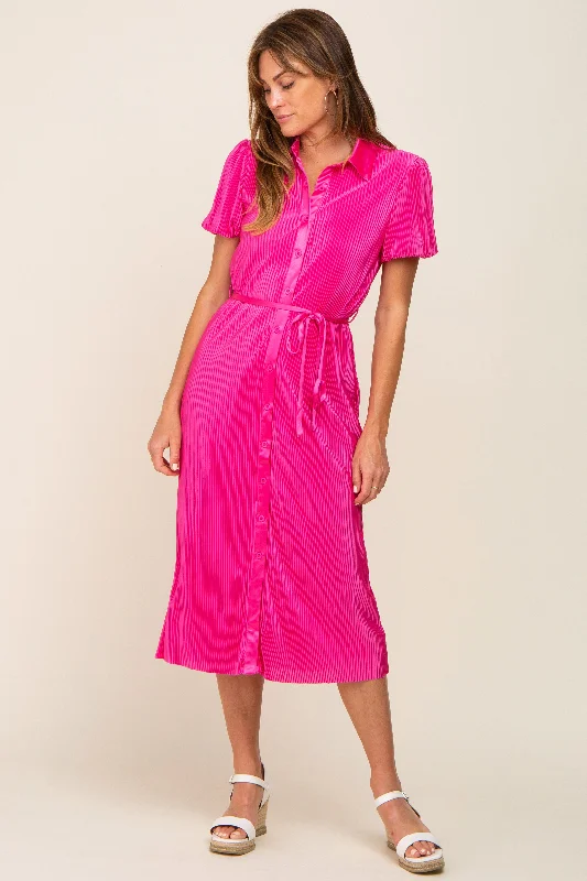 Casual Chic for Women Fuchsia Pleated Button-Down Collared Midi Dress