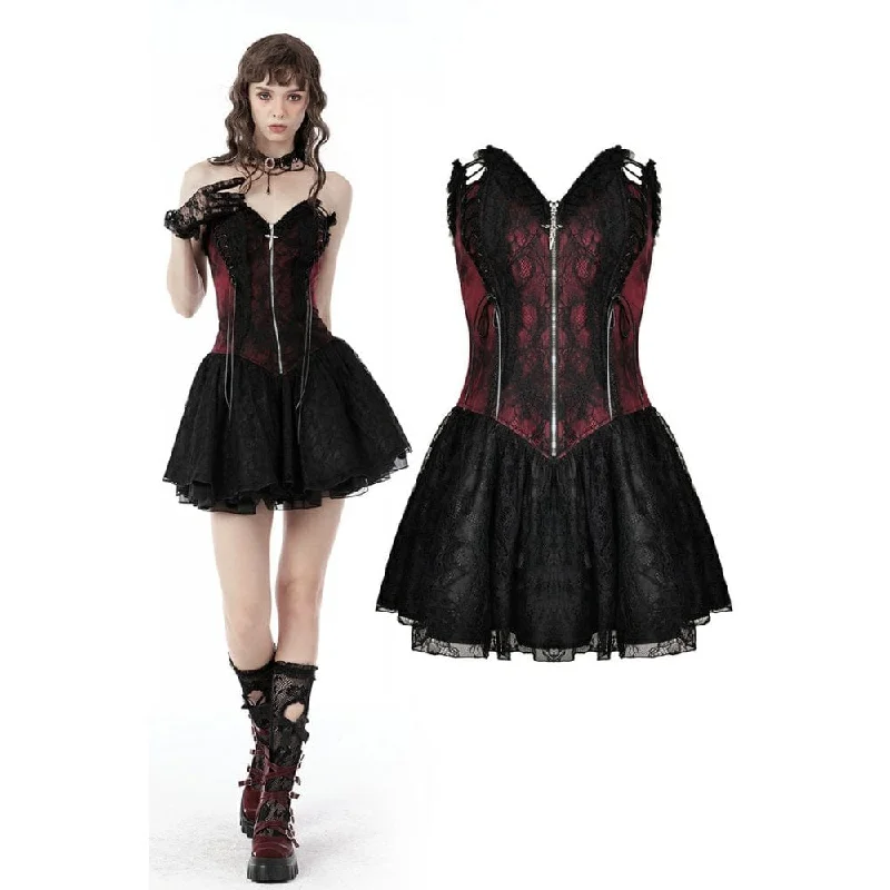 Women's Clothes For Outdoor Events Women's Gothic Front Zip Contrast Color Lace Strapless Dress Women's Clothes For Outdoor Events Women's Gothic Front Zip Contrast Color Lace Strapless Dress