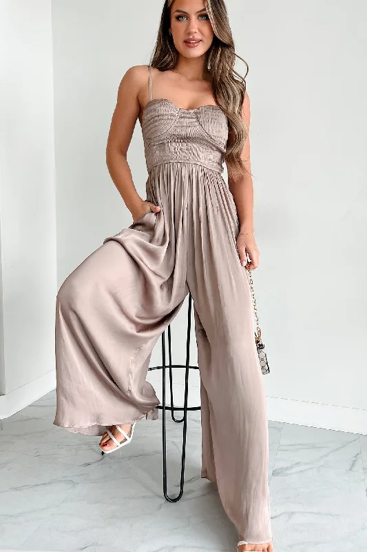 Luxury Women's Clothing Graceful Finesse Satin Wide Leg Jumpsuit (Mocha)