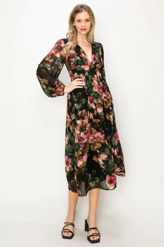 Classic Clothes For Women Green Chiffon Floral Long Sleeve V-Neck Maxi Dress