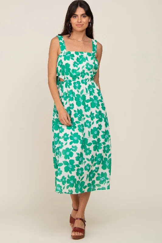 Winter Wardrobe Clearance Green Floral Linen Square Neck Open Back Midi Dress