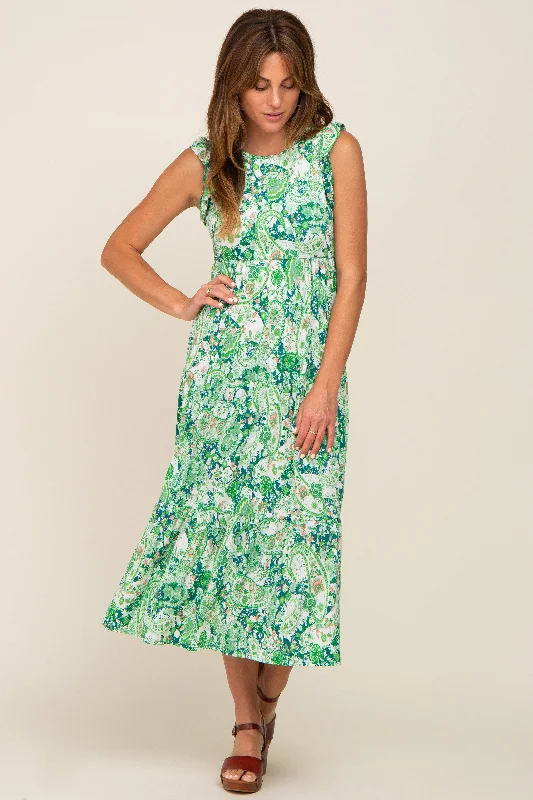 Women Fashion Green Floral Paisley Tiered Midi Dress