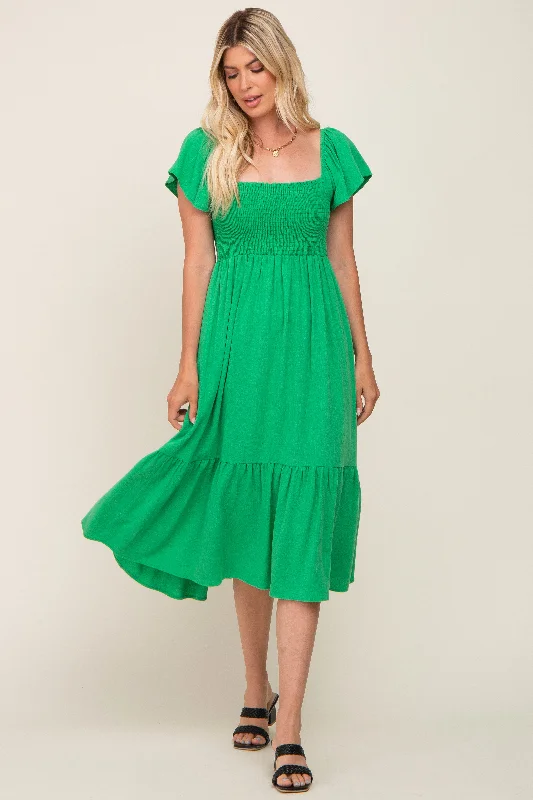 Flash Sales This Week Green Smocked Ruffle Hem Midi Dress