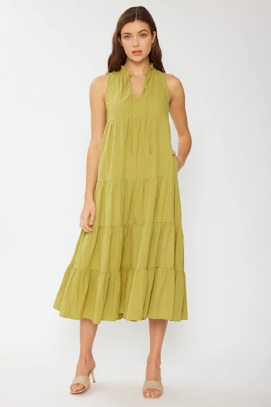 Wardrobe Essentials Green Tiered Linen Blend Solid Midi Dress