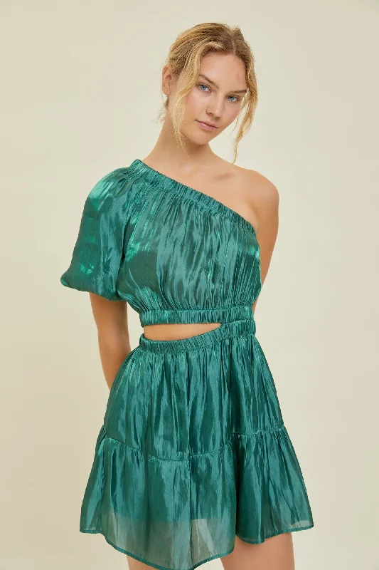 Women's Clothing For Everyday Wear Hunter Green Puff Sleeve Mini Dress
