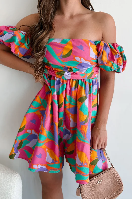 Clearance Sale, All Cheap Ideal Cuteness Pleated Puff Sleeve Romper (Fuchsia Multi)